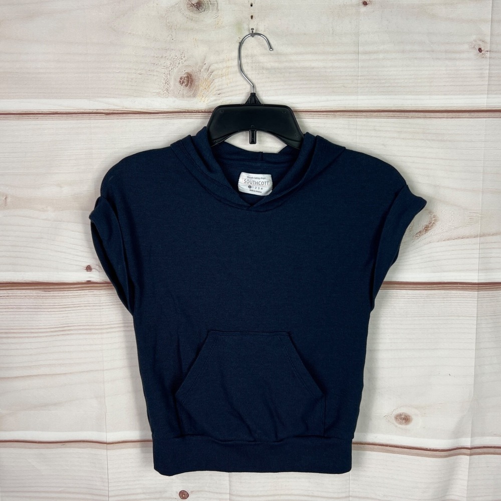 Southcott Top Womens 0 XS Blue Crop Hoodie Cap Sleeve Waffle Knit Pullover Solid